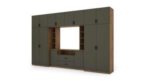 Elegantiška sieninė spintelė su spintomis ir televizoriaus lentyna 380 × 240 cm Dąb Lefkas / Grafit  – DAKO