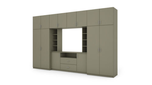 Elegantiška sieninė spintelė su spintomis ir televizoriaus lentyna 380×240 cm Eukaliptus – DAKO