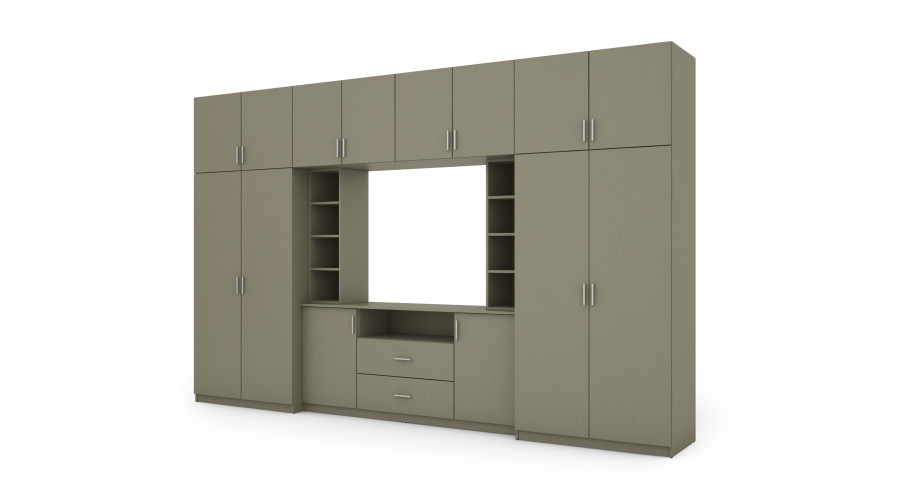 Elegantiška sieninė spintelė su spintomis ir televizoriaus lentyna 380×240 cm Eukaliptus – DAKO