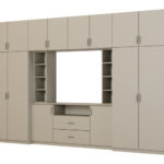 Elegantiška sieninė spintelė su spintomis ir televizoriaus lentyna, 380 × 240 cm, Kaszmirowy Beż – DAKO