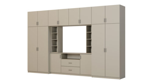 Elegantiška sieninė spintelė su spintomis ir televizoriaus lentyna, 380 × 240 cm, Kaszmirowy Beż – DAKO