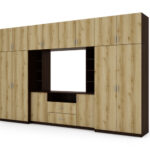 Elegantiška sieninė spintelė su spintomis ir televizoriaus lentyna 380 × 240 cm, Sonoma Ciemna / Dąb Grand Naturalny – DAKO