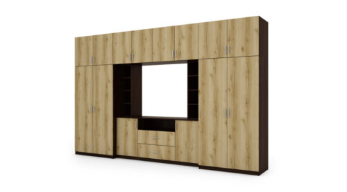 Elegantiška sieninė spintelė su spintomis ir televizoriaus lentyna 380 × 240 cm, Sonoma Ciemna / Dąb Grand Naturalny – DAKO