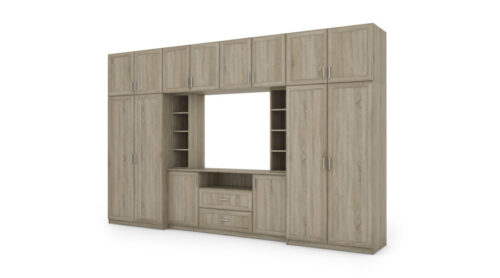 Elegantiška sieninė spintelė su spintomis ir televizoriaus lentyna 380 × 240 cm Sonoma Jasna – DAKO