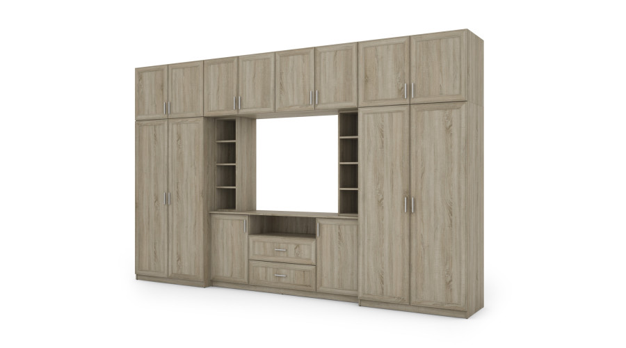 Elegantiška sieninė spintelė su spintomis ir televizoriaus lentyna 380 × 240 cm Sonoma Jasna – DAKO