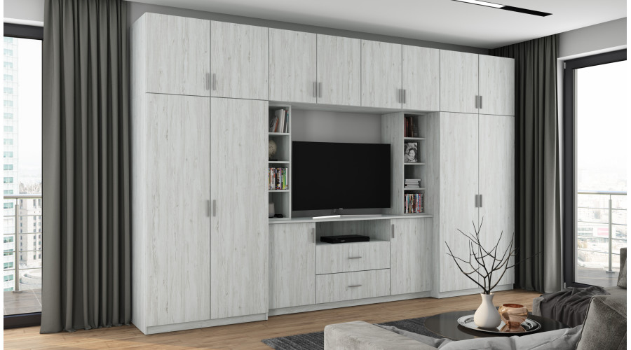 Elegantiška sieninė spintelė su spintomis ir televizoriaus lentyna, 380 × 240 cm, Sosna Anderson – DAKO - Paveikslėlis 2