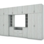 Elegantiška sieninė spintelė su spintomis ir televizoriaus lentyna, 380 × 240 cm, Sosna Anderson – DAKO