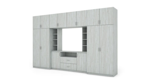 Elegantiška sieninė spintelė su spintomis ir televizoriaus lentyna, 380 × 240 cm, Sosna Anderson – DAKO