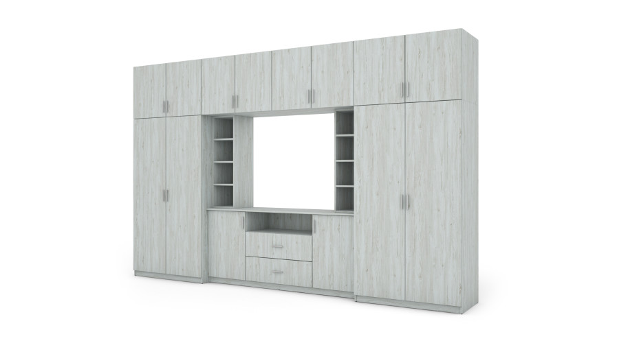 Elegantiška sieninė spintelė su spintomis ir televizoriaus lentyna, 380 × 240 cm, Sosna Anderson – DAKO