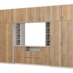 Elegantiška sieninė spintelė su spintomis ir televizoriaus lentyna 380 × 240 cm Szary Jasny / Dąb Halifax – DAKO