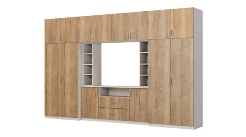 Elegantiška sieninė spintelė su spintomis ir televizoriaus lentyna 380 × 240 cm Szary Jasny / Dąb Halifax – DAKO