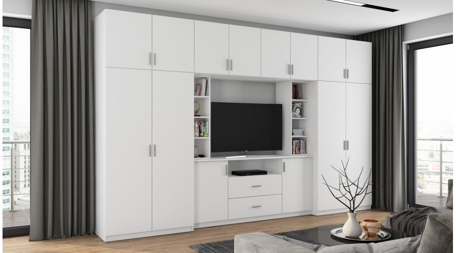 Elegantiška sieninė spintelė su spintomis ir televizoriaus niša 380 × 240 cm, Biel – DAKO — изображение 2