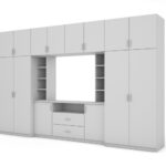 Elegantiška sieninė spintelė su spintomis ir televizoriaus niša 380 × 240 cm, Biel – DAKO