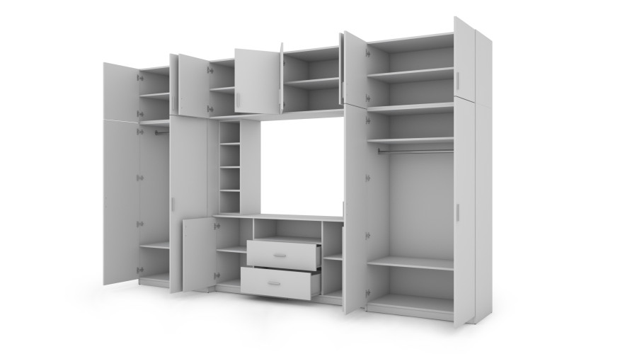 Elegantiška sieninė spintelė su spintomis ir televizoriaus niša 380 × 240 cm, Biel – DAKO — изображение 3