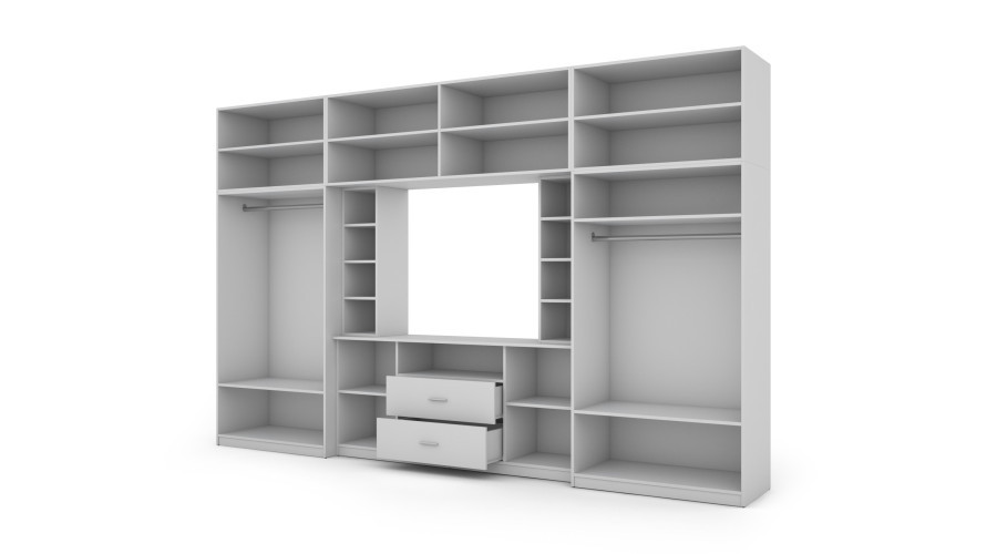 Elegantiška sieninė spintelė su spintomis ir televizoriaus niša 380 × 240 cm, Biel – DAKO — изображение 4