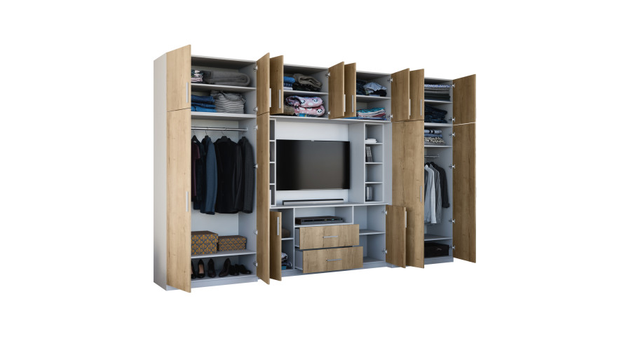 Elegantiška sieninė spintelė su spintomis ir televizoriaus niša 380 × 240 cm, Biel – DAKO — изображение 6