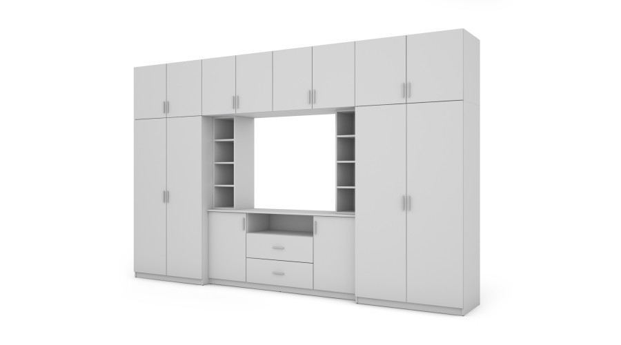 Elegantiška sieninė spintelė su spintomis ir televizoriaus niša 380 × 240 cm, Biel – DAKO