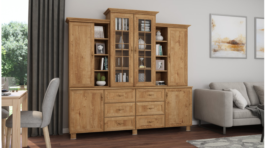 Klasikinė didelė vitrina su spintelėmis ir stalčiais, 210 cm, Dab Lefkas – ROYAL - Paveikslėlis 2