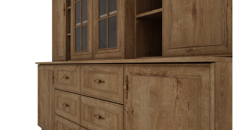 Klasikinė didelė vitrina su spintelėmis ir stalčiais, 210 cm, Dab Lefkas – ROYAL - Paveikslėlis 3