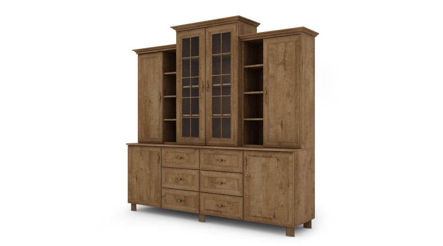 Klasikinė didelė vitrina su spintelėmis ir stalčiais, 210 cm, Dab Lefkas – ROYAL