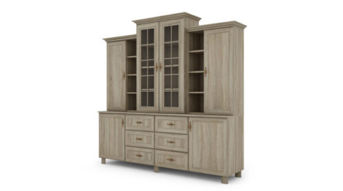 Klasikinė didelė vitrina su spintelėmis ir stalčiais, 210 cm, Sonoma Jasna – ROYAL