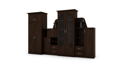 Klasikinė sieninė spintelė su didele stikline vitrina, baru ir erdvia spinta 320 × 207 cm Sonoma Ciemna – TEXAS + Drabužinė