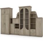 Klasikinė sieninė spintelė su didele stikline vitrina, baru, patalynės spinta ir erdvia spinta 320 × 207 cm Sonoma Jasna – TEXAS + Drabužinė