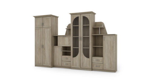 Klasikinė sieninė spintelė su didele stikline vitrina, baru, patalynės spinta ir erdvia spinta 320 × 207 cm Sonoma Jasna – TEXAS + Drabužinė