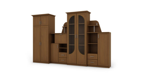 Klasikinė sieninė spintelė su didele stikline vitrina, baru, patalynės spinta ir erdvia 320 × 207 cm Wiśnia Porto – TEXAS + Drabužinė