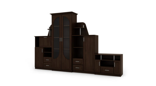 Klasikinė sieninė spintelė su didele stikline vitrina, baru, patalynės spintele ir televizoriaus staliuku 240 × 207 cm Sonoma Ciemna – TEXAS + RTV