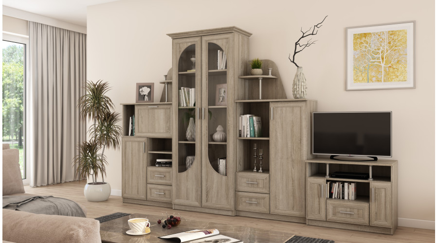 Klasikinė sieninė spintelė su didele stikline vitrina, baru, patalynės spintele ir televizoriaus staliuku 240 × 207 cm Sonoma Jasna – TEXAS + RTV — изображение 2