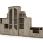 Klasikinė sieninė spintelė su didele stikline vitrina, baru, patalynės spintele ir televizoriaus staliuku 240 × 207 cm Sonoma Jasna – TEXAS + RTV