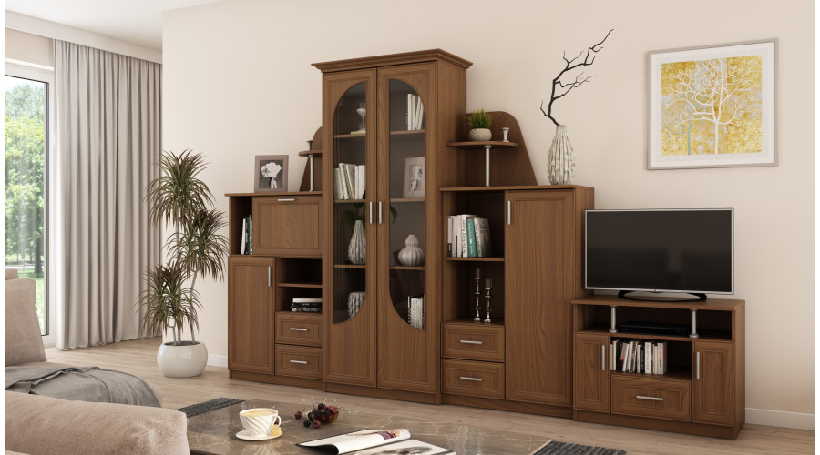 Klasikinė sieninė spintelė su didele stikline vitrina, baru, patalynės spintele ir televizoriaus staliuku 240 × 207 cm Wiśnia Porto – TEXAS + RTV - Paveikslėlis 2