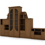 Klasikinė sieninė spintelė su didele stikline vitrina, baru, patalynės spintele ir televizoriaus staliuku 240 × 207 cm Wiśnia Porto – TEXAS + RTV