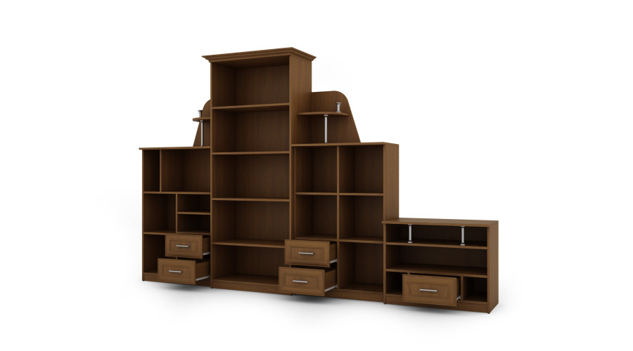 Klasikinė sieninė spintelė su didele stikline vitrina, baru, patalynės spintele ir televizoriaus staliuku 240 × 207 cm Wiśnia Porto – TEXAS + RTV - Paveikslėlis 3