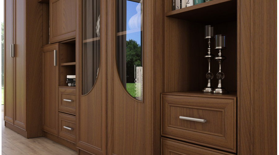 Klasikinė sieninė spintelė su didele stikline vitrina, baru, patalynės spintele ir televizoriaus staliuku 240 × 207 cm Wiśnia Porto – TEXAS + RTV - Paveikslėlis 4