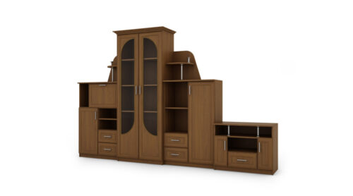 Klasikinė sieninė spintelė su didele stikline vitrina, baru, patalynės spintele ir televizoriaus staliuku 240 × 207 cm Wiśnia Porto – TEXAS + RTV