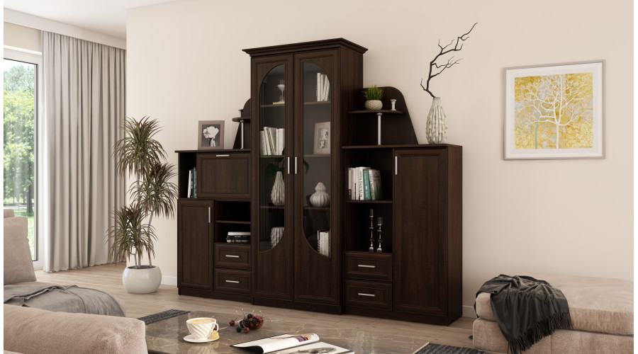 Klasikinė sieninė spintelė su didele stikline vitrina, baru ir patalynės spinta 240 × 207 cm Sonoma Ciemna – TEXAS - Paveikslėlis 2