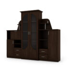 Klasikinė sieninė spintelė su didele stikline vitrina, baru ir patalynės spinta 240 × 207 cm Sonoma Ciemna – TEXAS