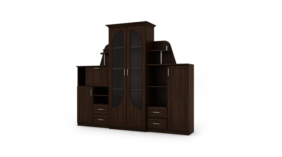 Klasikinė sieninė spintelė su didele stikline vitrina, baru ir patalynės spinta 240 × 207 cm Sonoma Ciemna – TEXAS