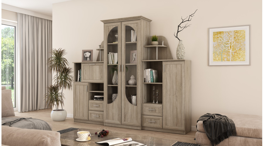 Klasikinė sieninė spintelė su didele stikline vitrina, baru ir patalynės spinta 240 × 207 cm Sonoma Jasna – TEXAS - Paveikslėlis 2