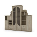 Klasikinė sieninė spintelė su didele stikline vitrina, baru ir patalynės spinta 240 × 207 cm Sonoma Jasna – TEXAS