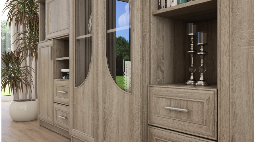 Klasikinė sieninė spintelė su didele stikline vitrina, baru ir patalynės spinta 240 × 207 cm Sonoma Jasna – TEXAS - Paveikslėlis 4