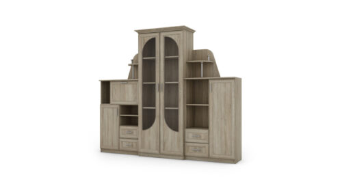 Klasikinė sieninė spintelė su didele stikline vitrina, baru ir patalynės spinta 240 × 207 cm Sonoma Jasna – TEXAS