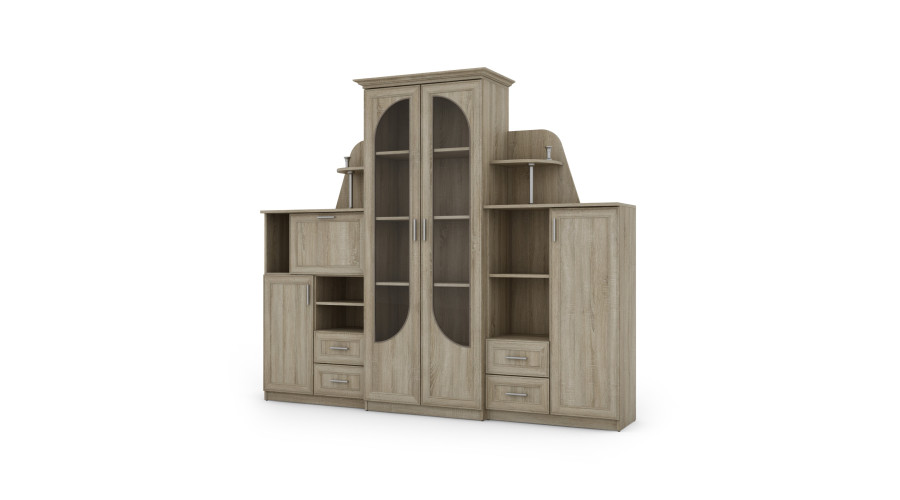 Klasikinė sieninė spintelė su didele stikline vitrina, baru ir patalynės spinta 240 × 207 cm Sonoma Jasna – TEXAS