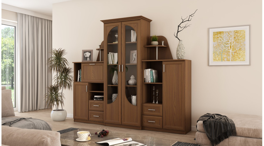 Klasikinė sieninė spintelė su didele stikline vitrina, baru ir patalynės spinta 240 × 207 cm Wiśnia Porto – TEXAS — изображение 2