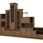 Klasikinė sieninė spintelė su triguba vitrina, baru ir TV staliuku, 280 × 207 cm, Dąb Lefkas – HADES + RTV