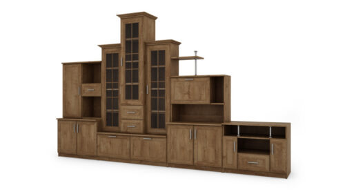 Klasikinė sieninė spintelė su triguba vitrina, baru ir TV staliuku, 280 × 207 cm, Dąb Lefkas – HADES + RTV