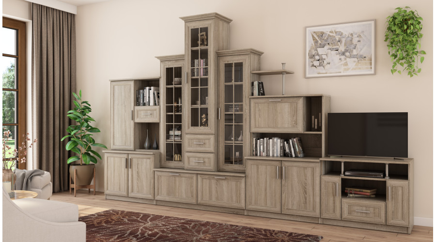 Klasikinė sieninė spintelė su trijų vitrinų spintele, baru ir televizoriaus spintele, 280 × 207 cm, Sonoma Jasna – HADES + RTV - Paveikslėlis 2