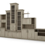 Klasikinė sieninė spintelė su trijų vitrinų spintele, baru ir televizoriaus spintele, 280 × 207 cm, Sonoma Jasna  – HADES + RTV